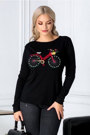 Bluza dama cu bicicleta brodata si perlute Neagra