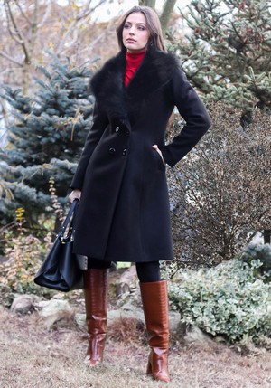 Palton dama de iarna lung din stofa cu guler cu blana detasabila Negru
