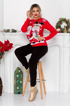 Pulover dama tricotat cu motive de Craciun si Sarbatorile de Iarna Santa Claus Rosu