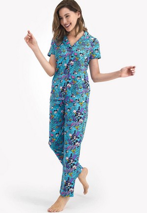 Pijama dama din bumbac cu pantaloni lungi si tricou cu imprimeu cu Mickey si Minnie Disney Bleu