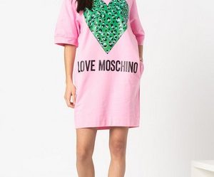 Rochie din bumbac tip tricou cu imprimeu logo si buzunare Love Moschino Roz