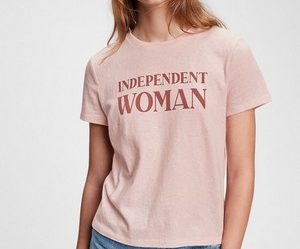 Tricou dama din bumbac cu decolteu rotund si imprimeu text Independent Woman GAP Roz pudra