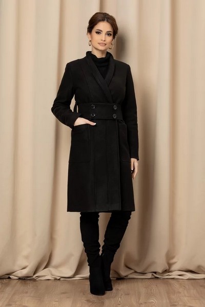 Palton dama de iarna elegant din stofa cu cordon maxi LaDonna Negru