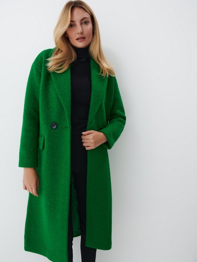 Palton dama de iarna elegant peste genunchi cu lana oversized cu rever Verde