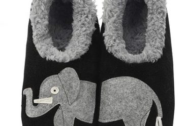 Papuci dama de casa de iarna pufosi botosei cu broderie Snoozies Elefant Gri-Negru