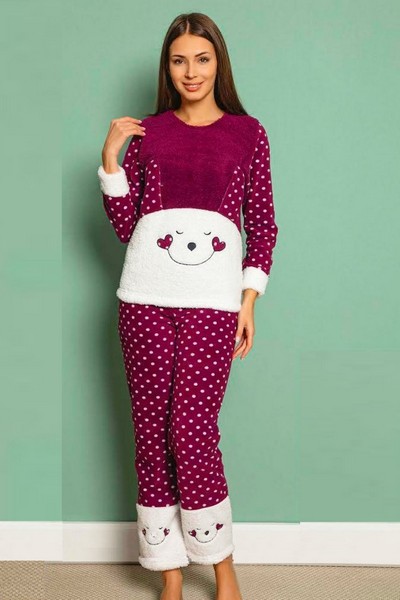 Pijama dama de iarna plusata pufoasa cocolino cu imprimeu happy smile Visinie