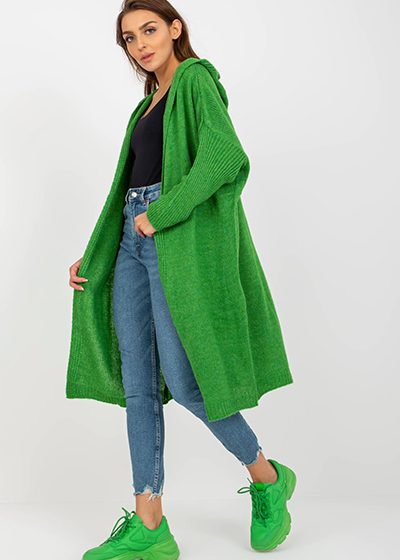 Cardigan dama tricotat lung lejer cu gluga Fashionhunters OCH BELLA Verde