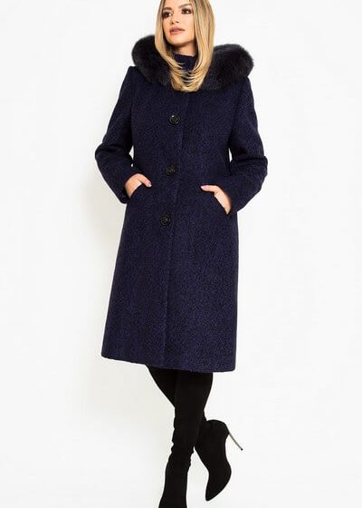 Palton dama de iarna lung elegant din stofa cu lana si gluga cu blana naturala Mov