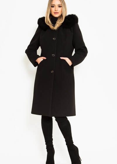 Palton dama de iarna lung elegant din stofa cu lana si gluga cu blana naturala Negru