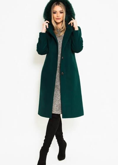 Palton dama de iarna lung elegant din stofa cu lana si gluga cu blana naturala Verde