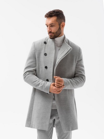Palton de iarna elegant pentru barbati clasic cu nasturi si guler inalt Ombre Gri