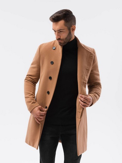 Palton de iarna elegant pentru barbati clasic cu nasturi si guler inalt Ombre Maro