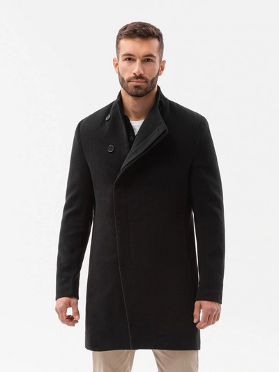 Palton de iarna elegant pentru barbati clasic cu nasturi si guler inalt Ombre Negru