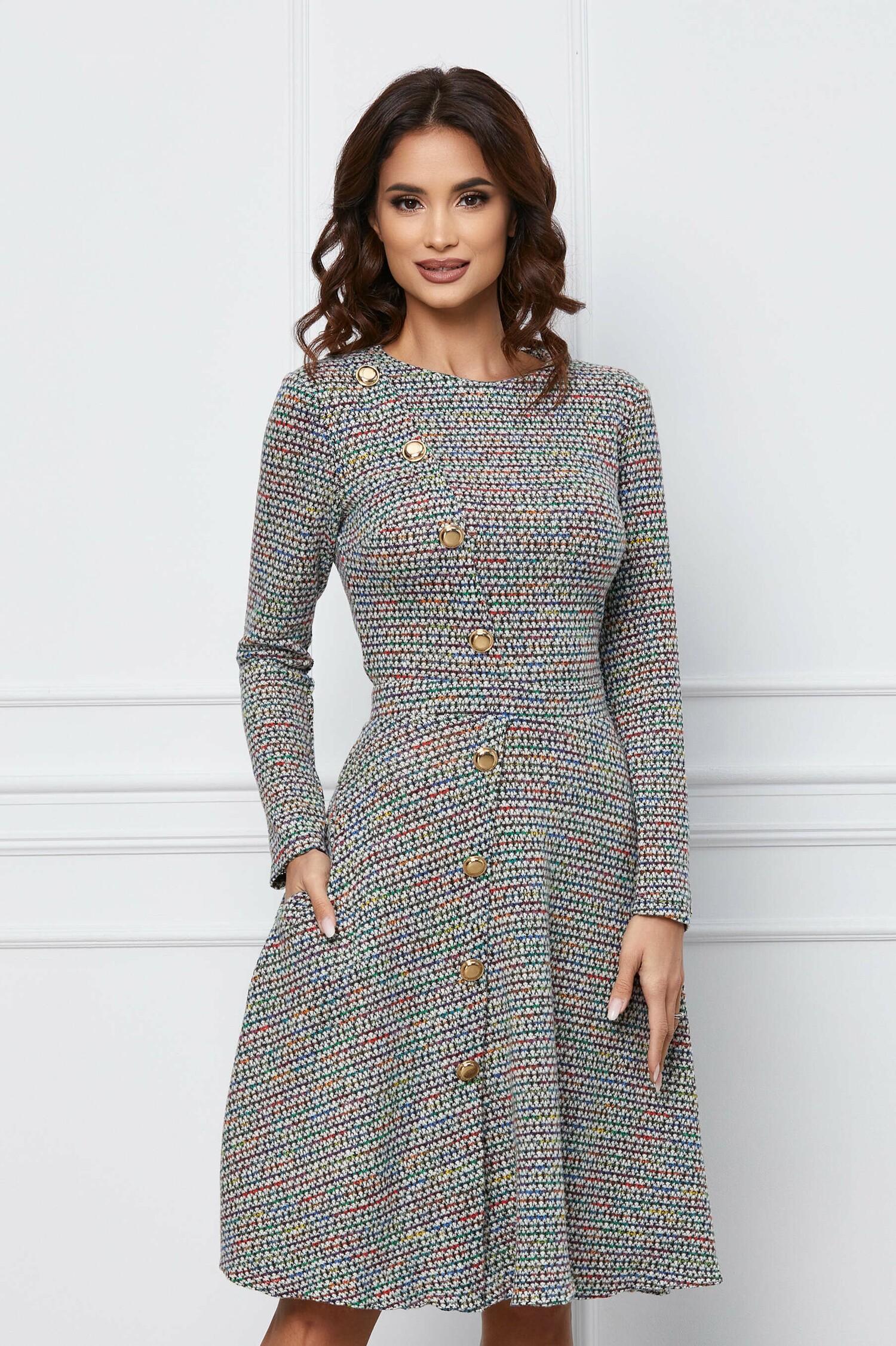 Rochie Dy Fashion gri din tweed cu nasturi decorativi